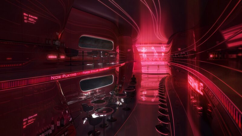 futuristic red-lit bar