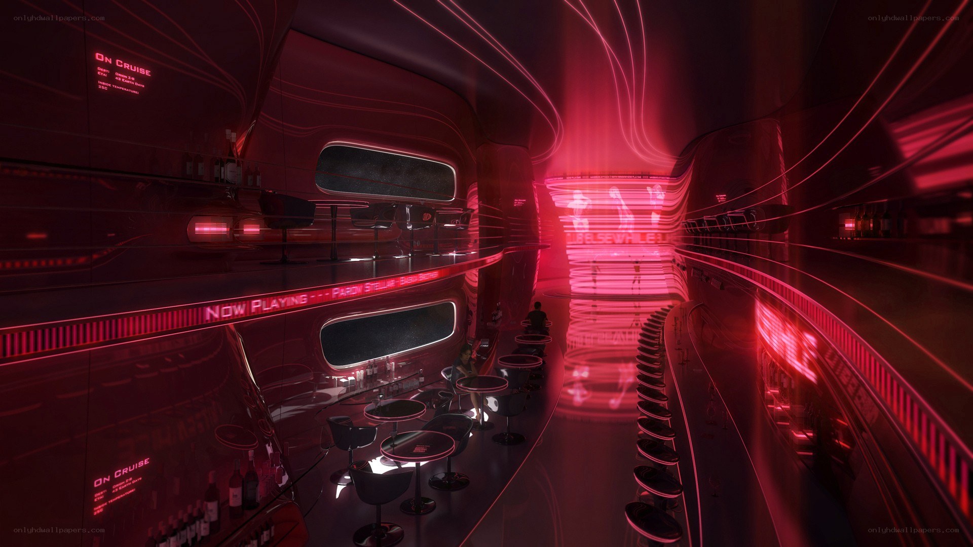futuristic red-lit bar