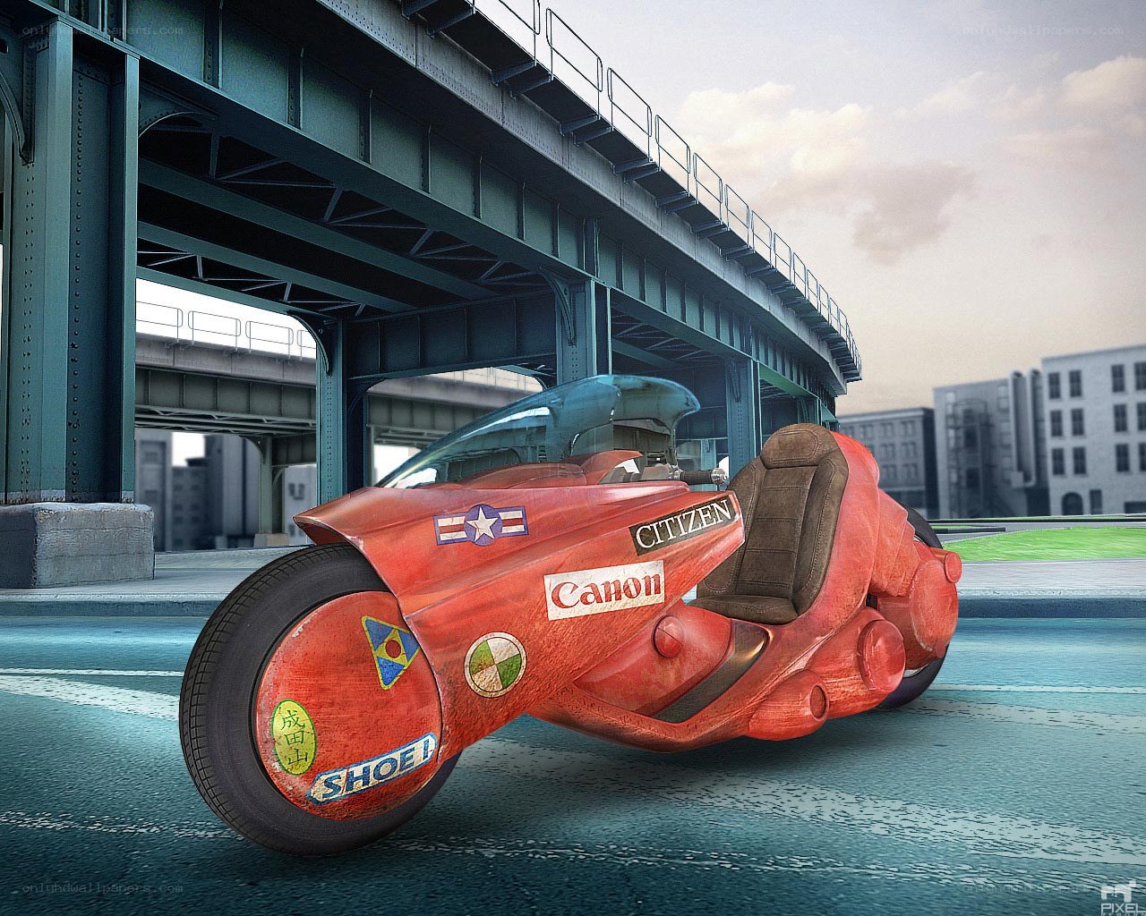 futuristic red motorcycle under bridge