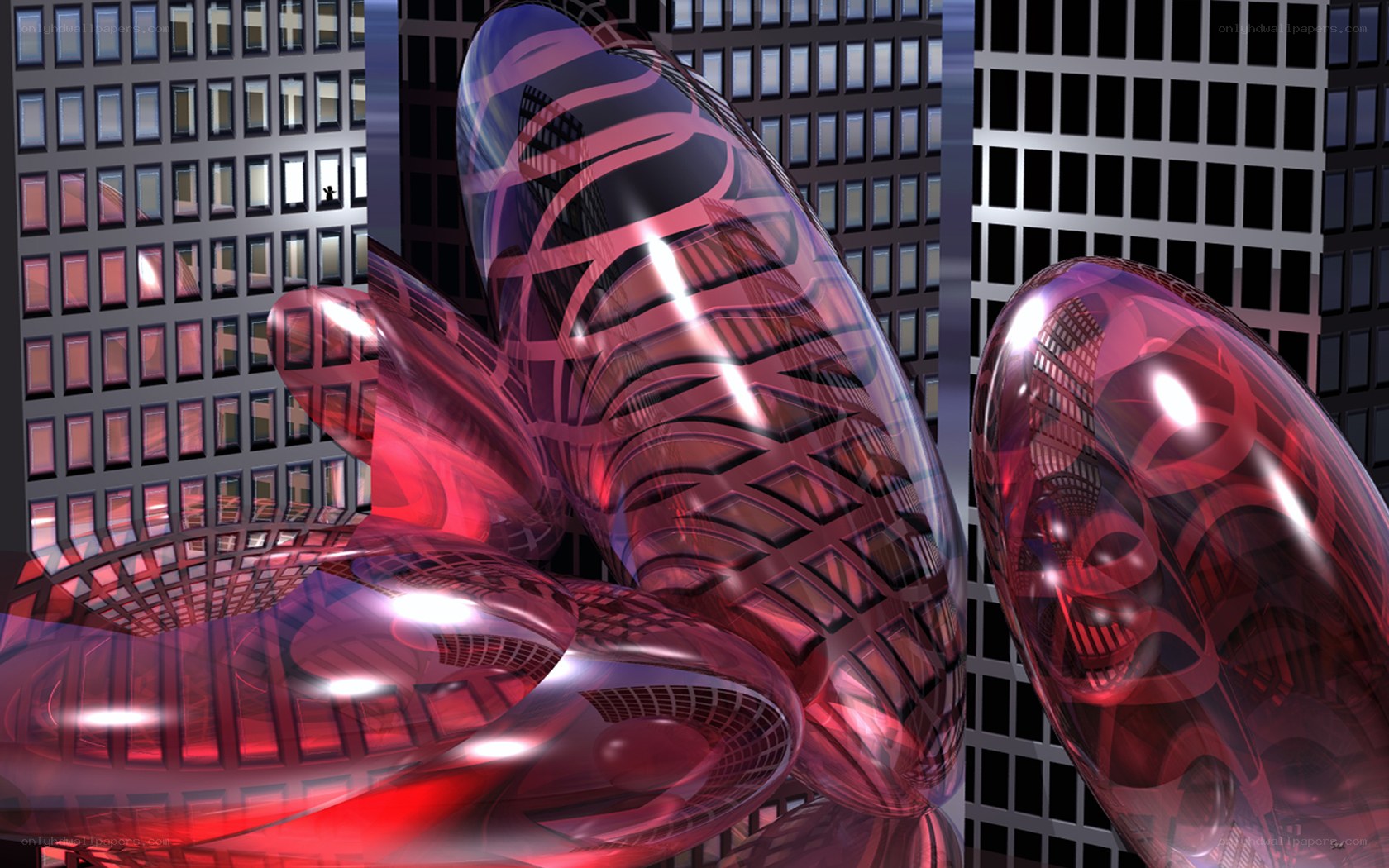 Futuristic red sculptures in city