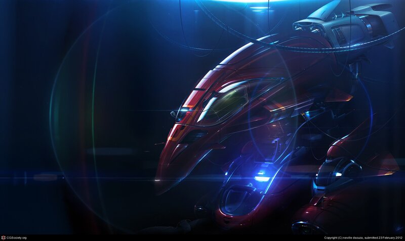 futuristic red vehicle in dark setting