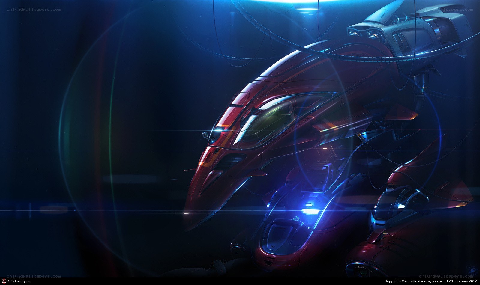 futuristic red vehicle in dark setting