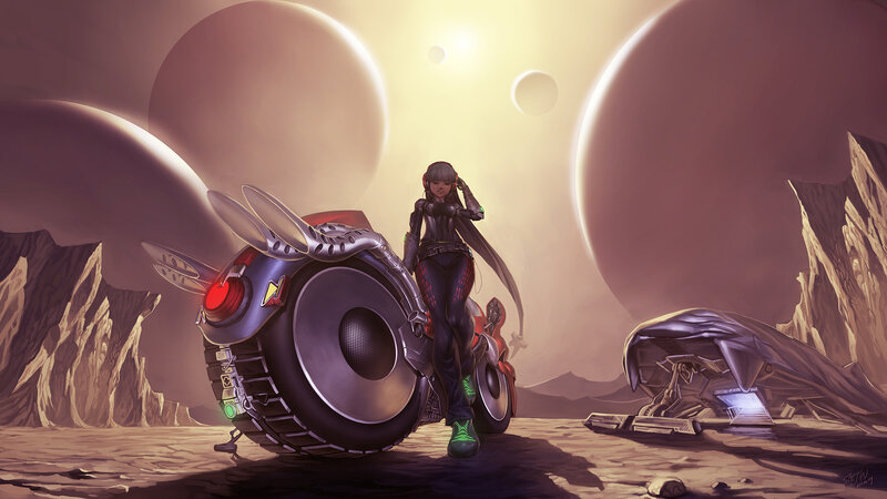 Futuristic rider on alien planet