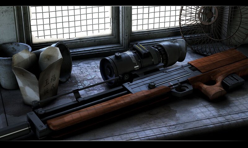 Futuristic rifle on a windowsill
