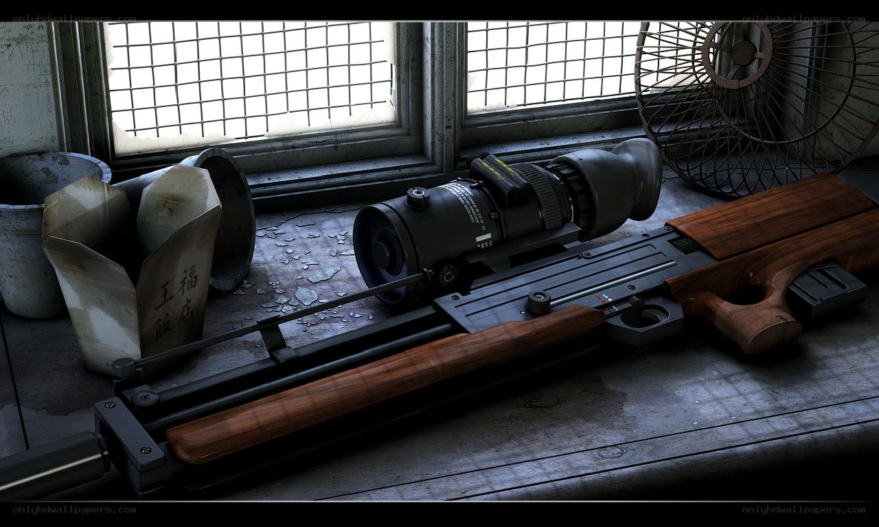 Futuristic rifle on a windowsill