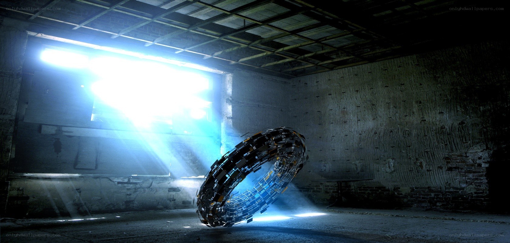 Futuristic ring in abandoned warehouse