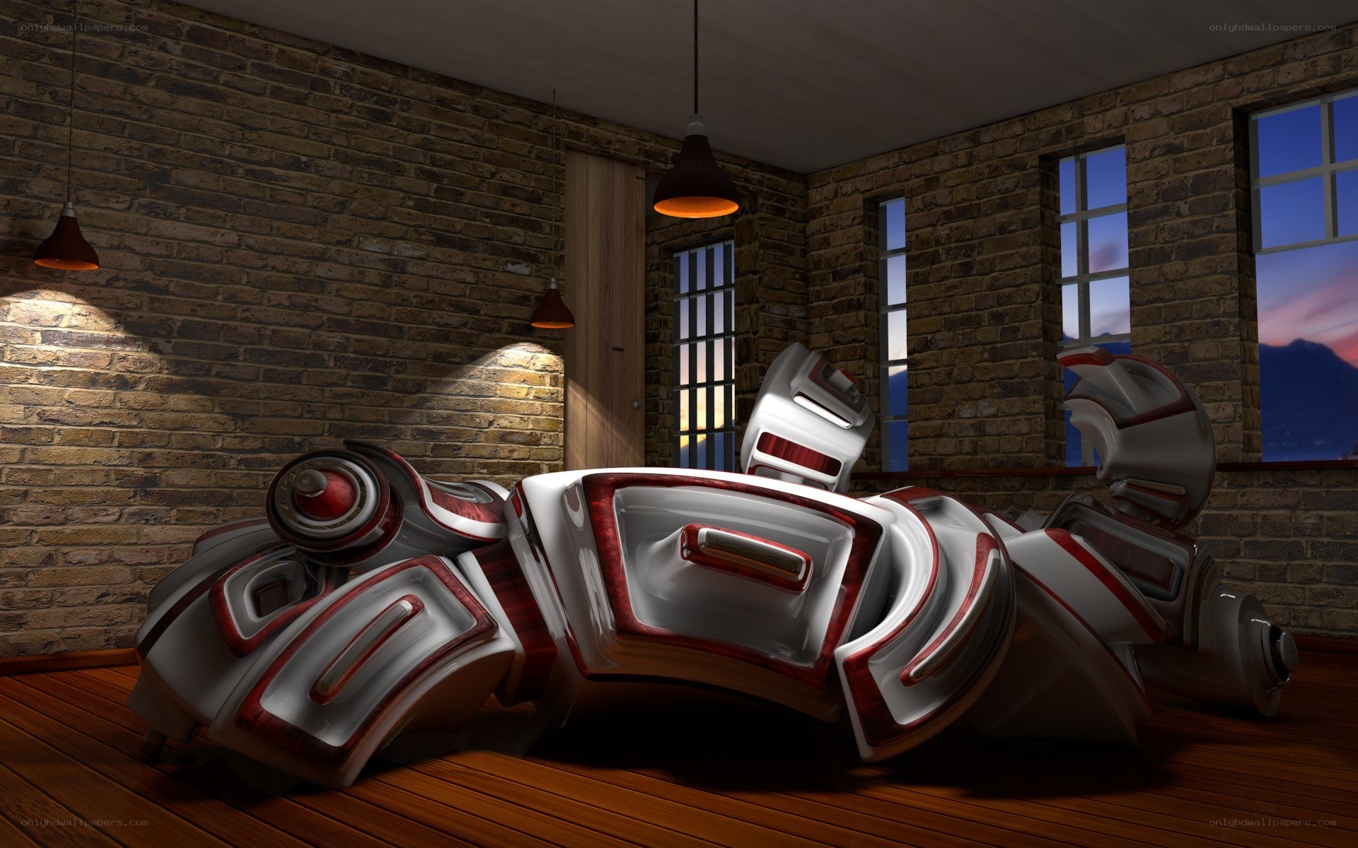 Futuristic robot in a brick room