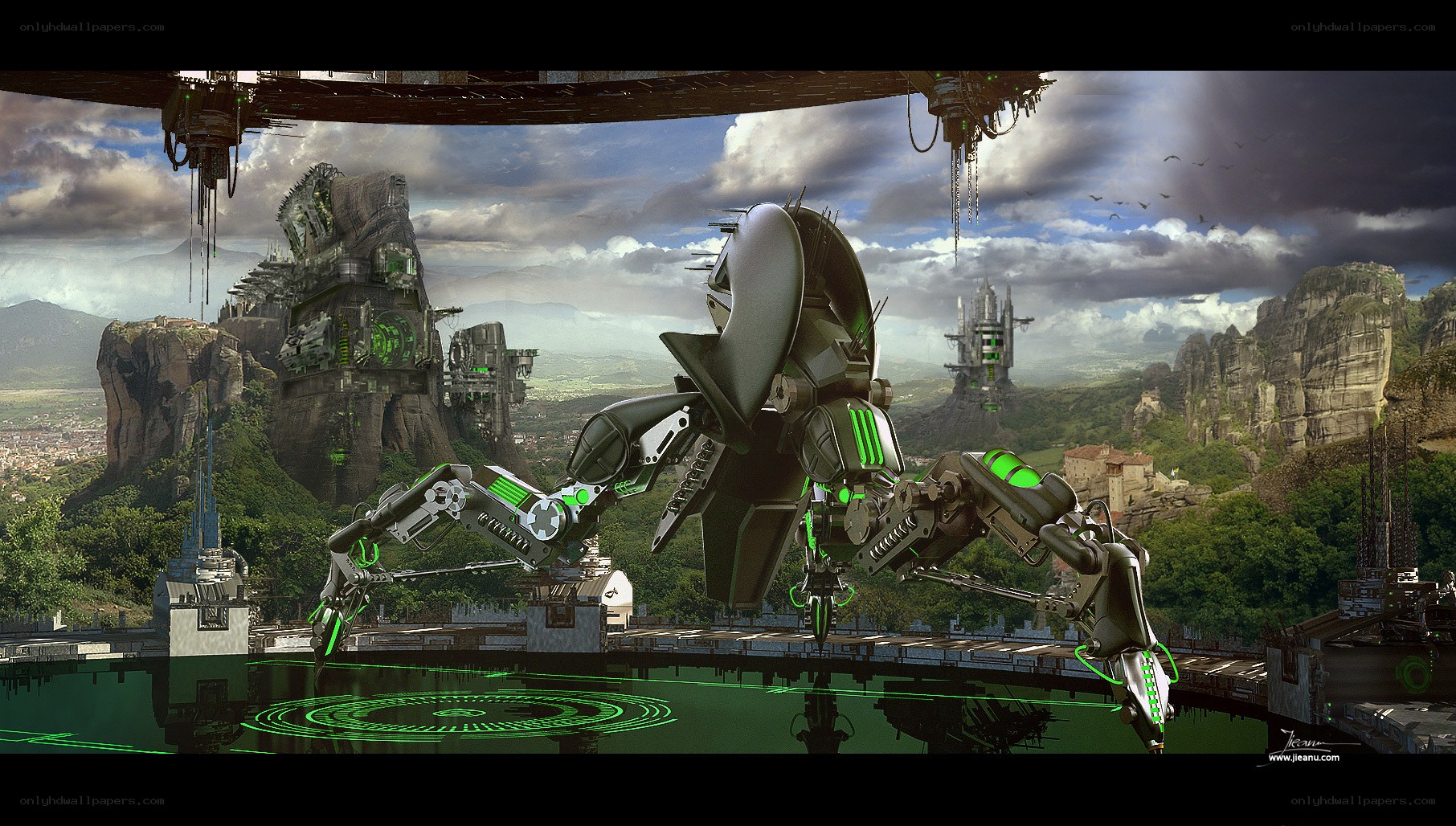Futuristic robot in alien landscape