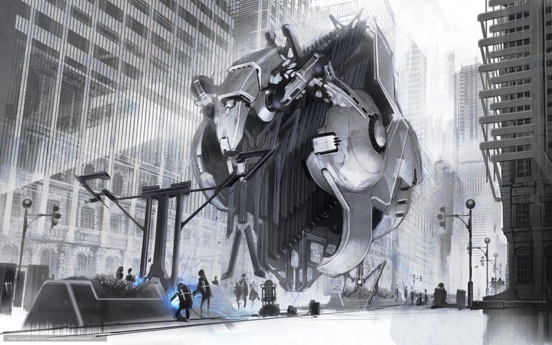 Futuristic robot in city