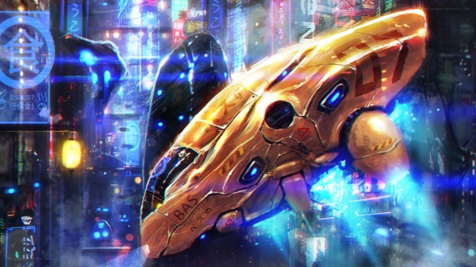 futuristic robot in neon city