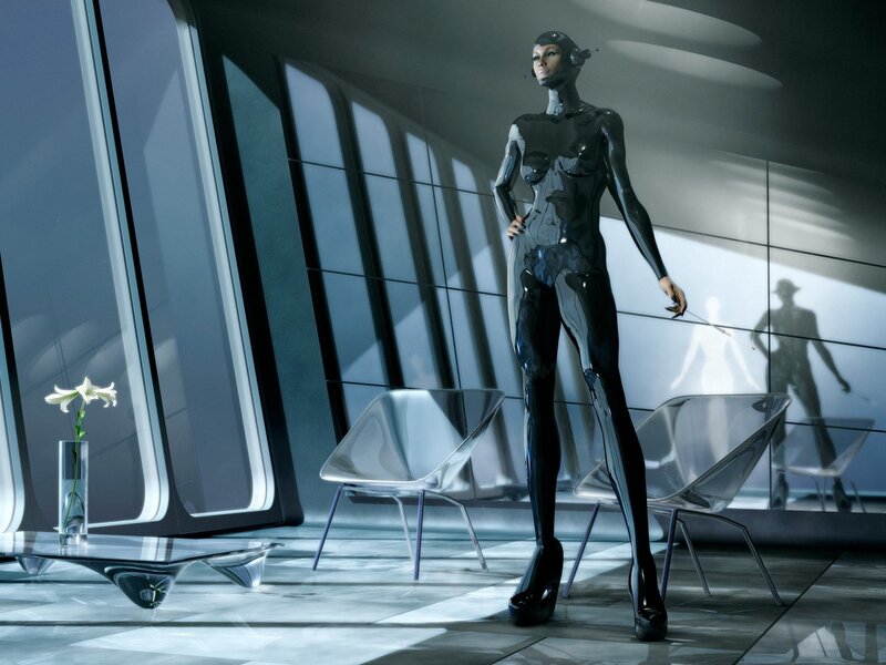 futuristic robot woman in modern room