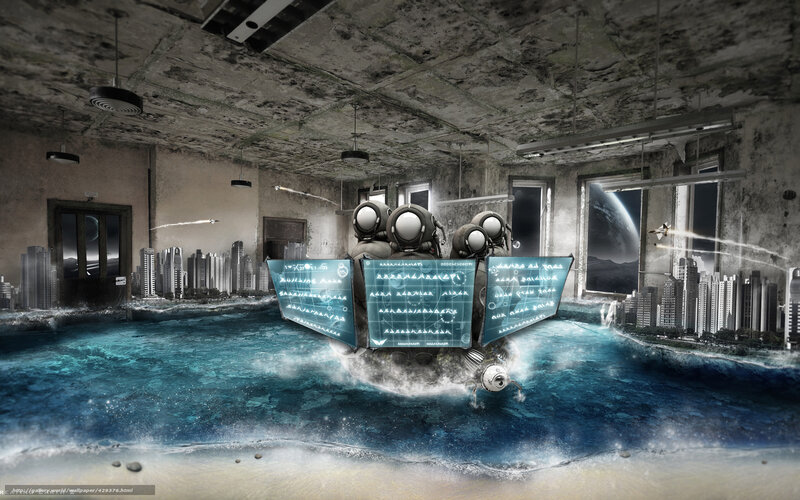 Futuristic robots in flooded city