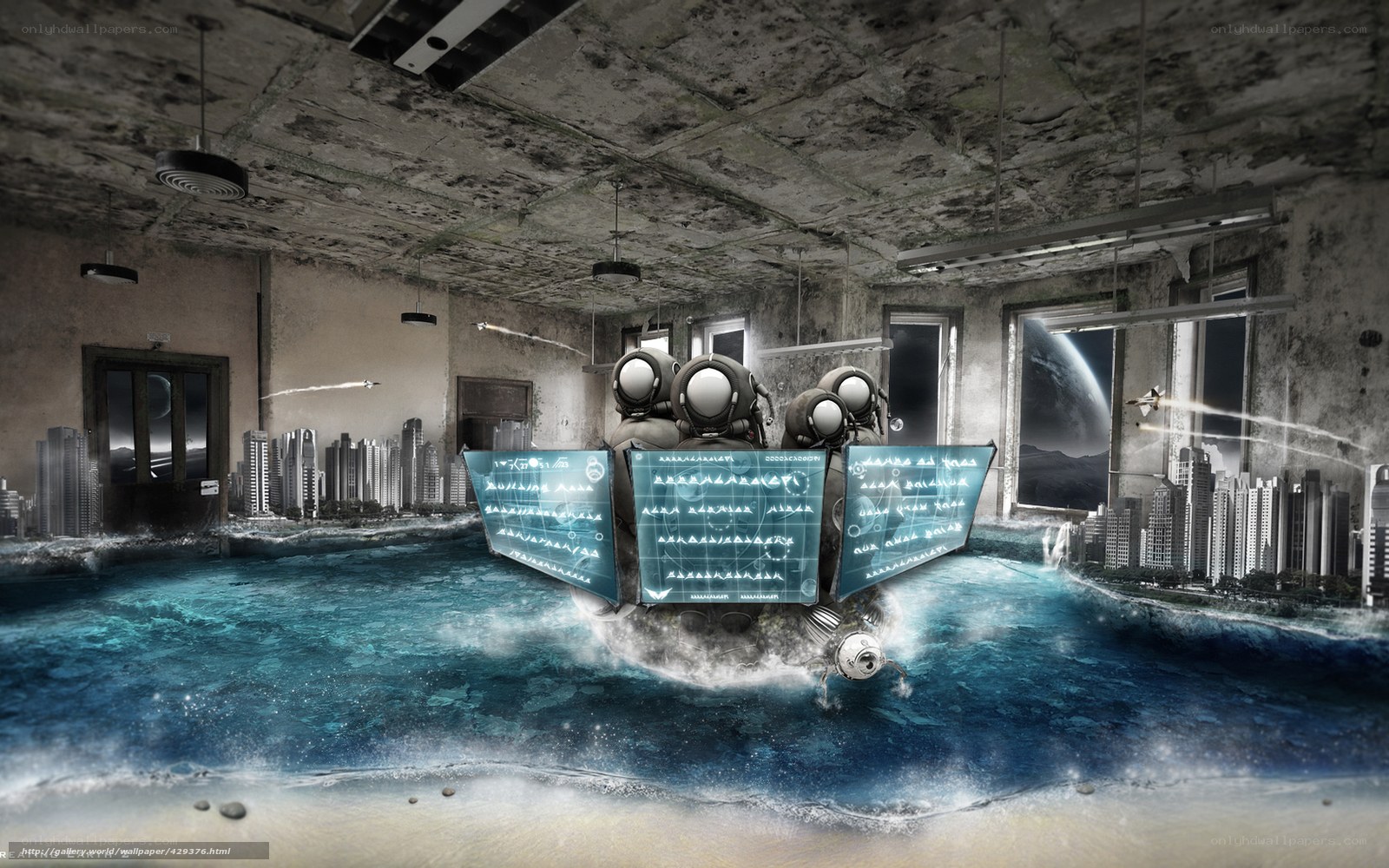 Futuristic robots in flooded city