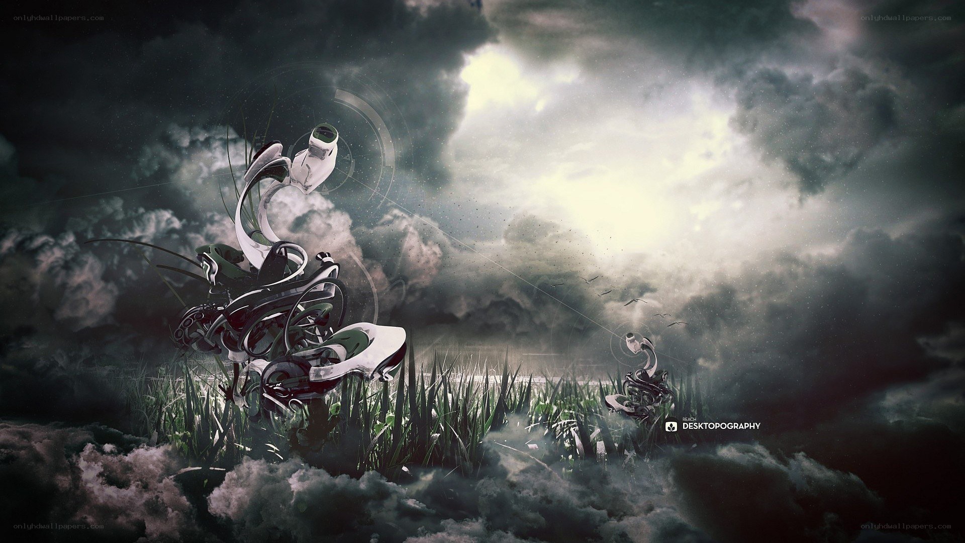 Futuristic robots in stormy landscape