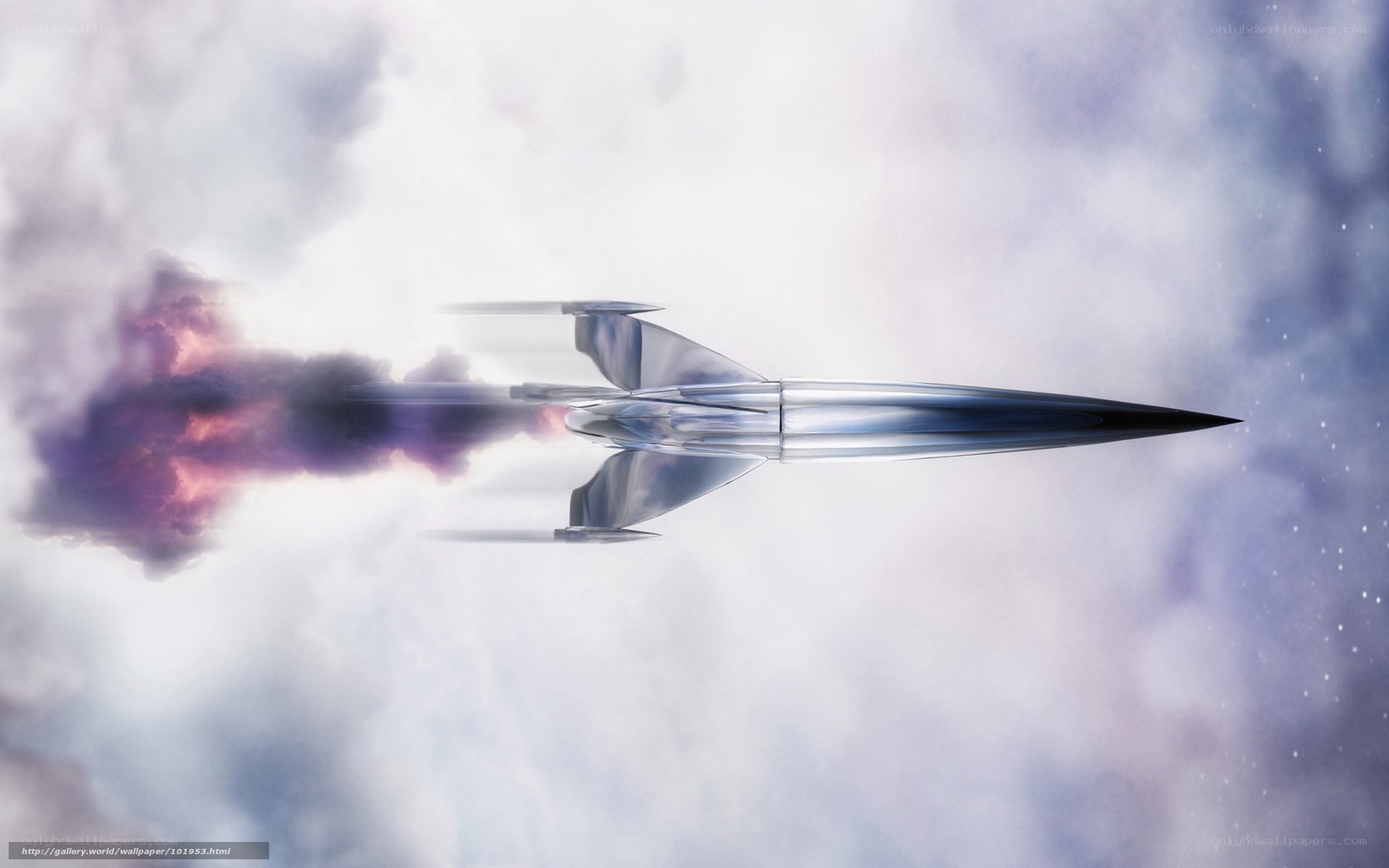 Futuristic rocket in clouds