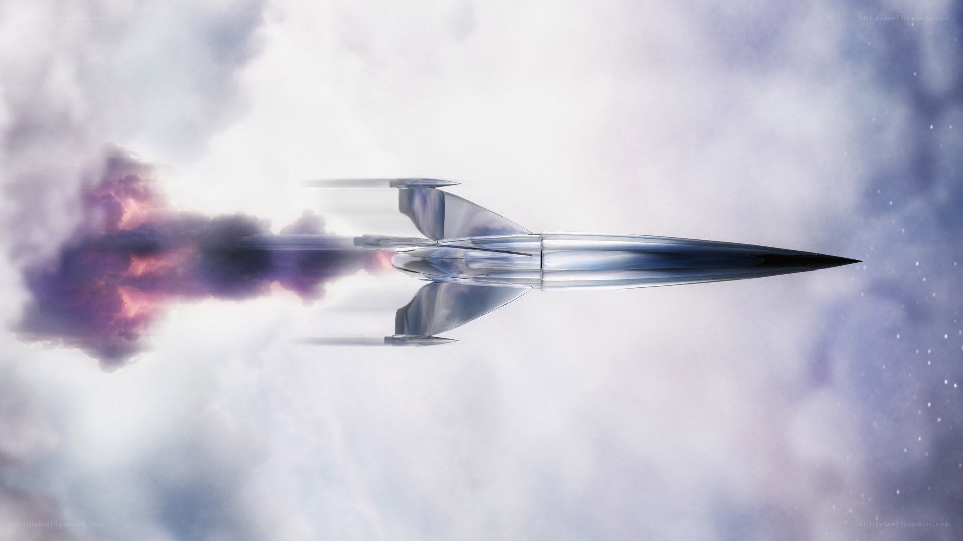 Futuristic rocket in cloudy sky
