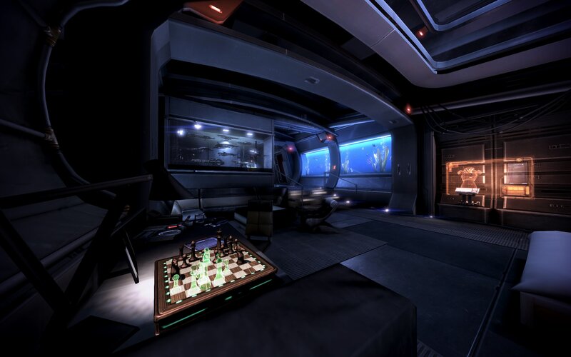 futuristic room with chess game