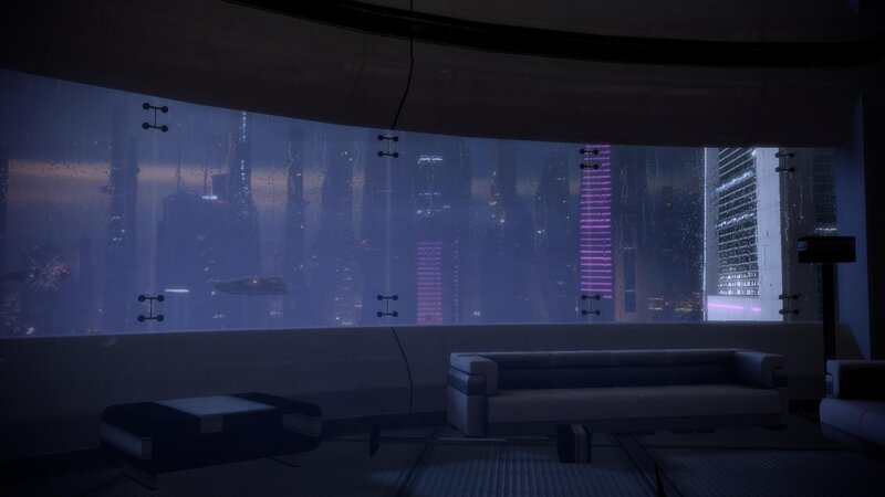 futuristic room with city view