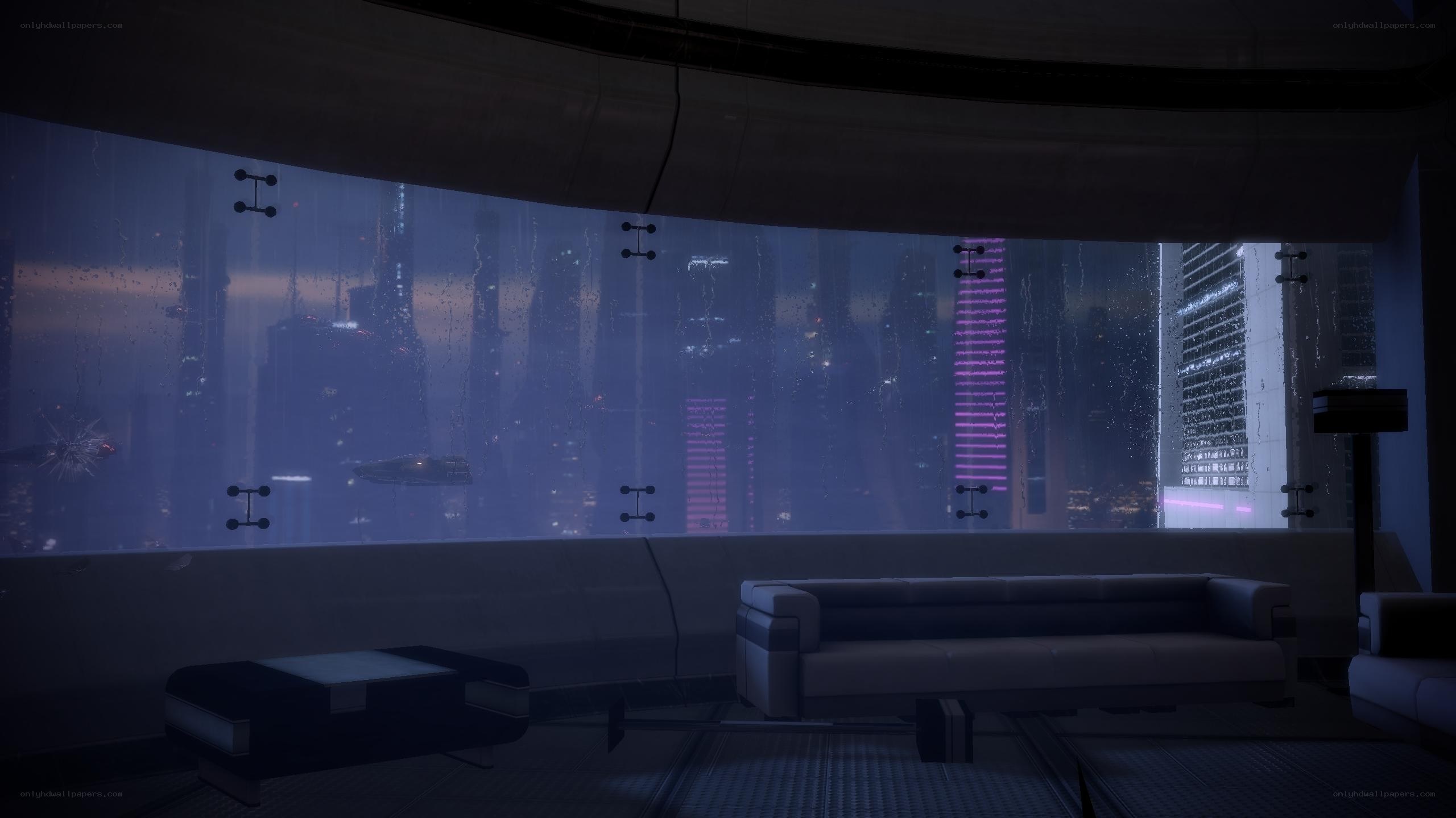 futuristic room with city view