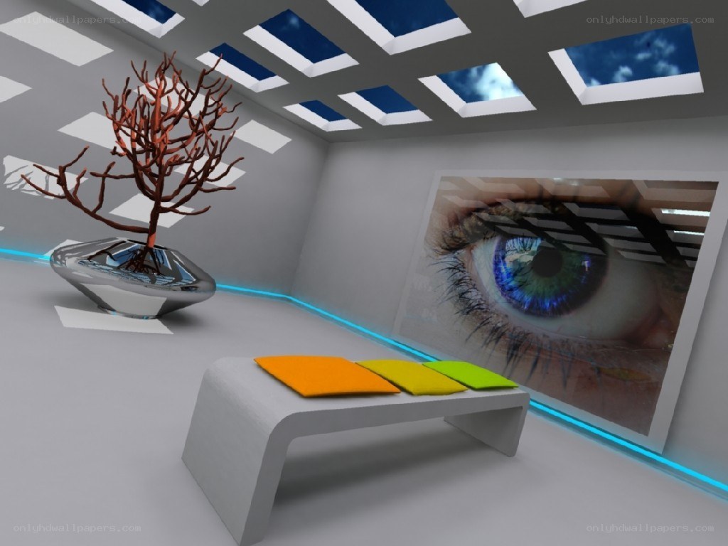 Futuristic room with eye art