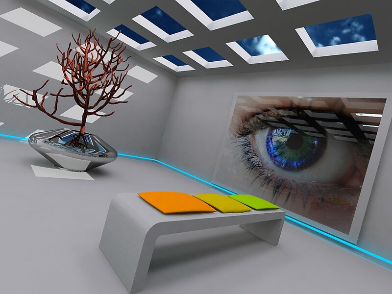 futuristic room with eye art