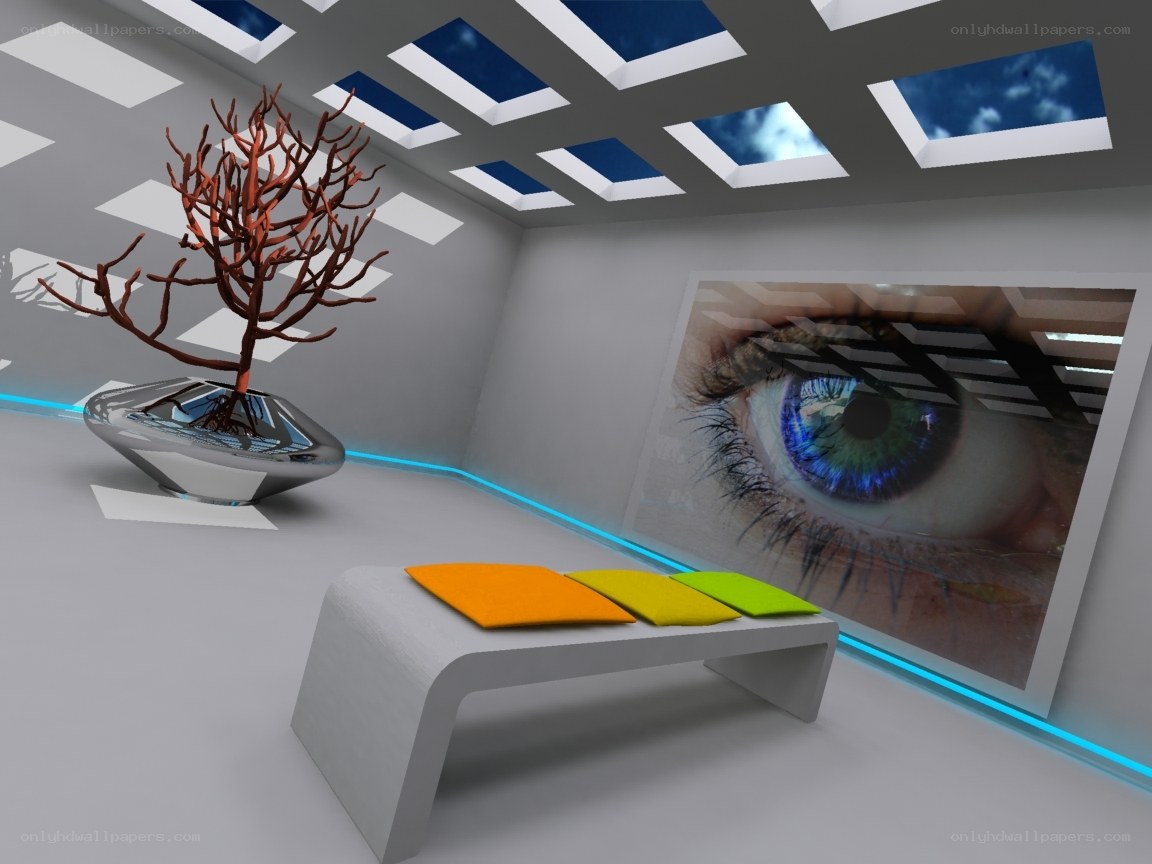 Futuristic room with eye art