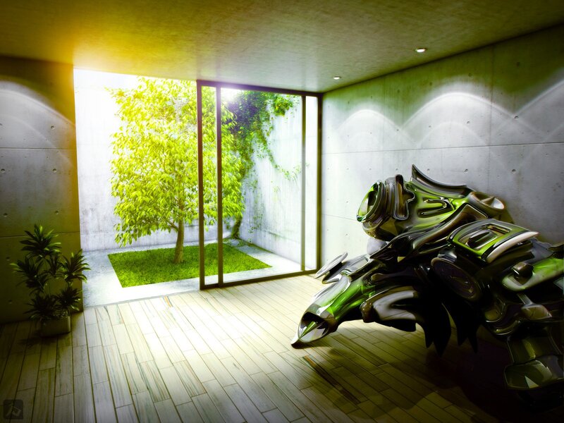 Futuristic room with green sculpture
