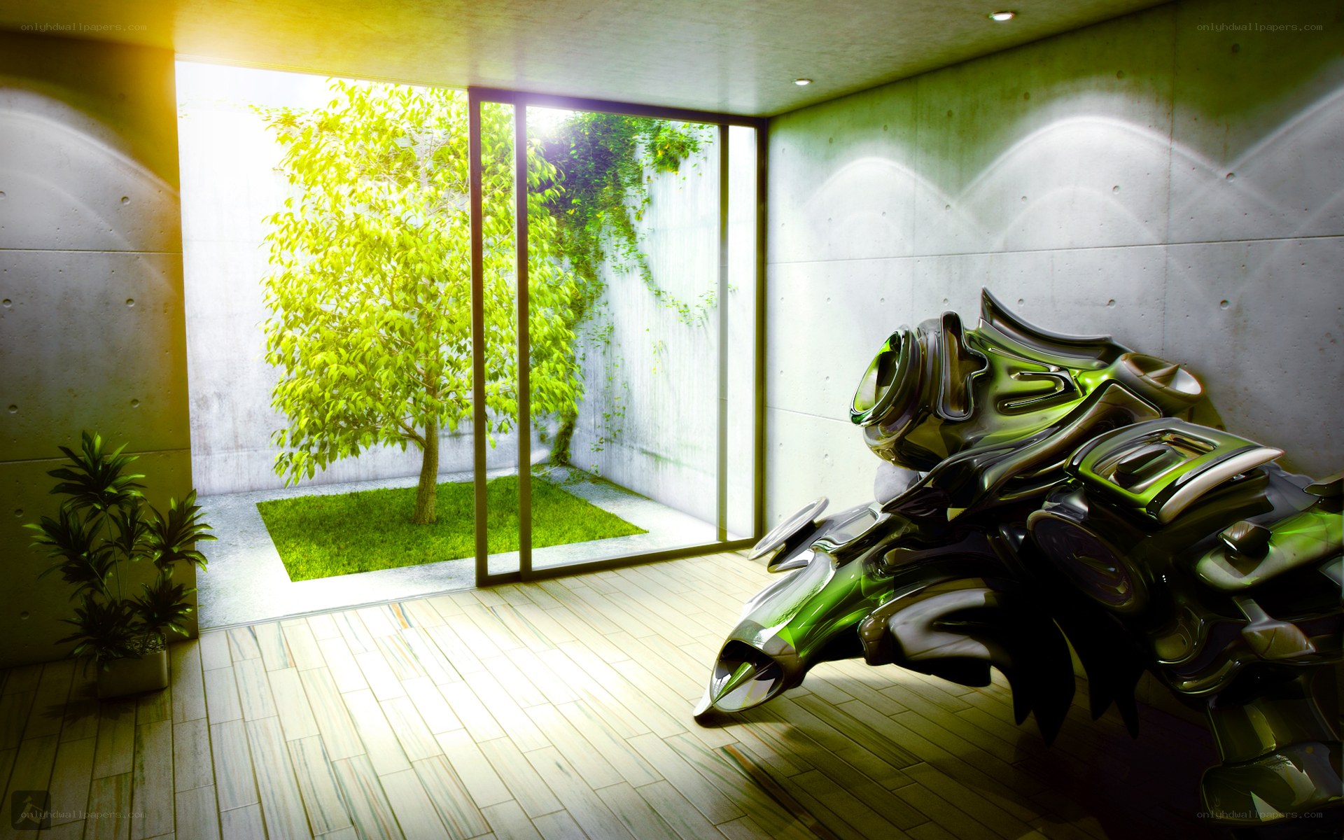 Futuristic room with green sculpture