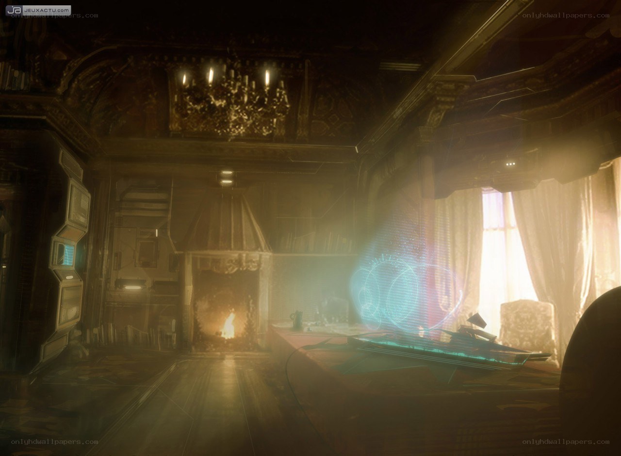 futuristic room with hologram