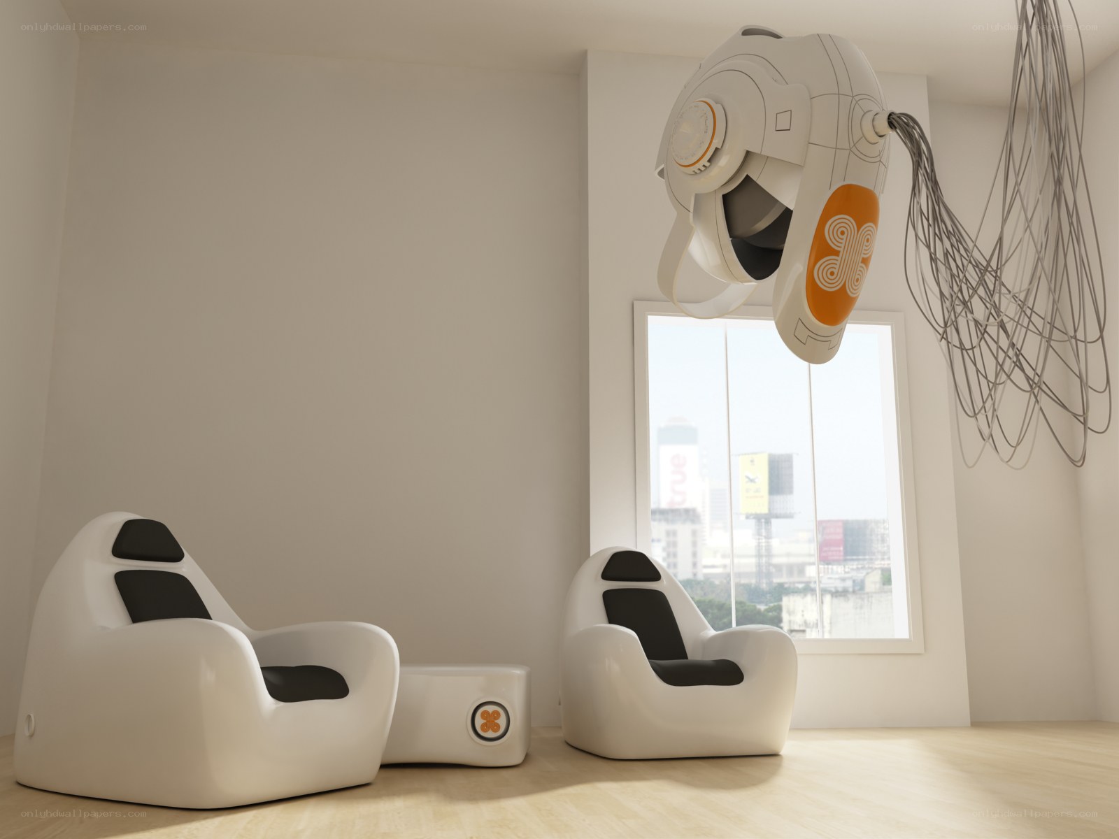 Futuristic room with robotic head