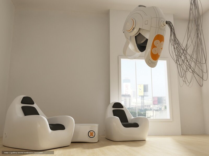 Futuristic room with robotic helmet