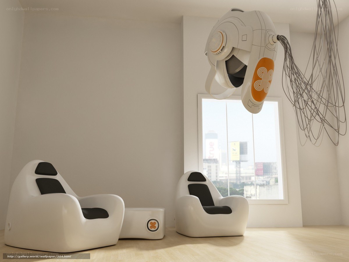 Futuristic room with robotic helmet