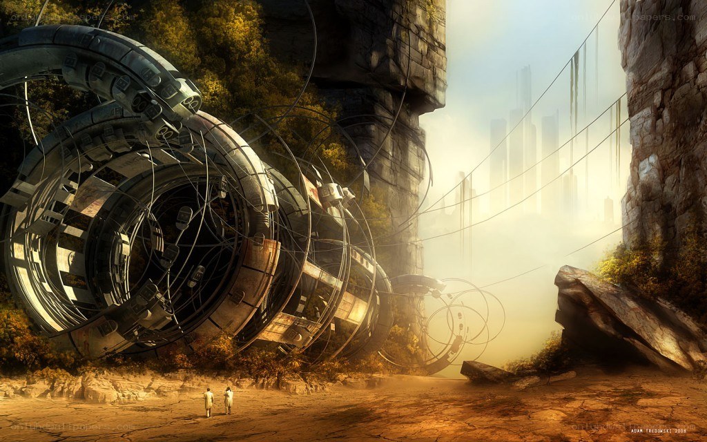 Futuristic ruins in a canyon