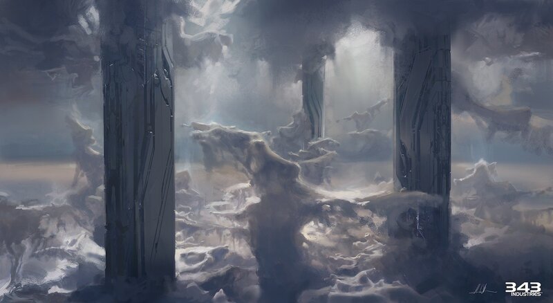 futuristic ruins in mist