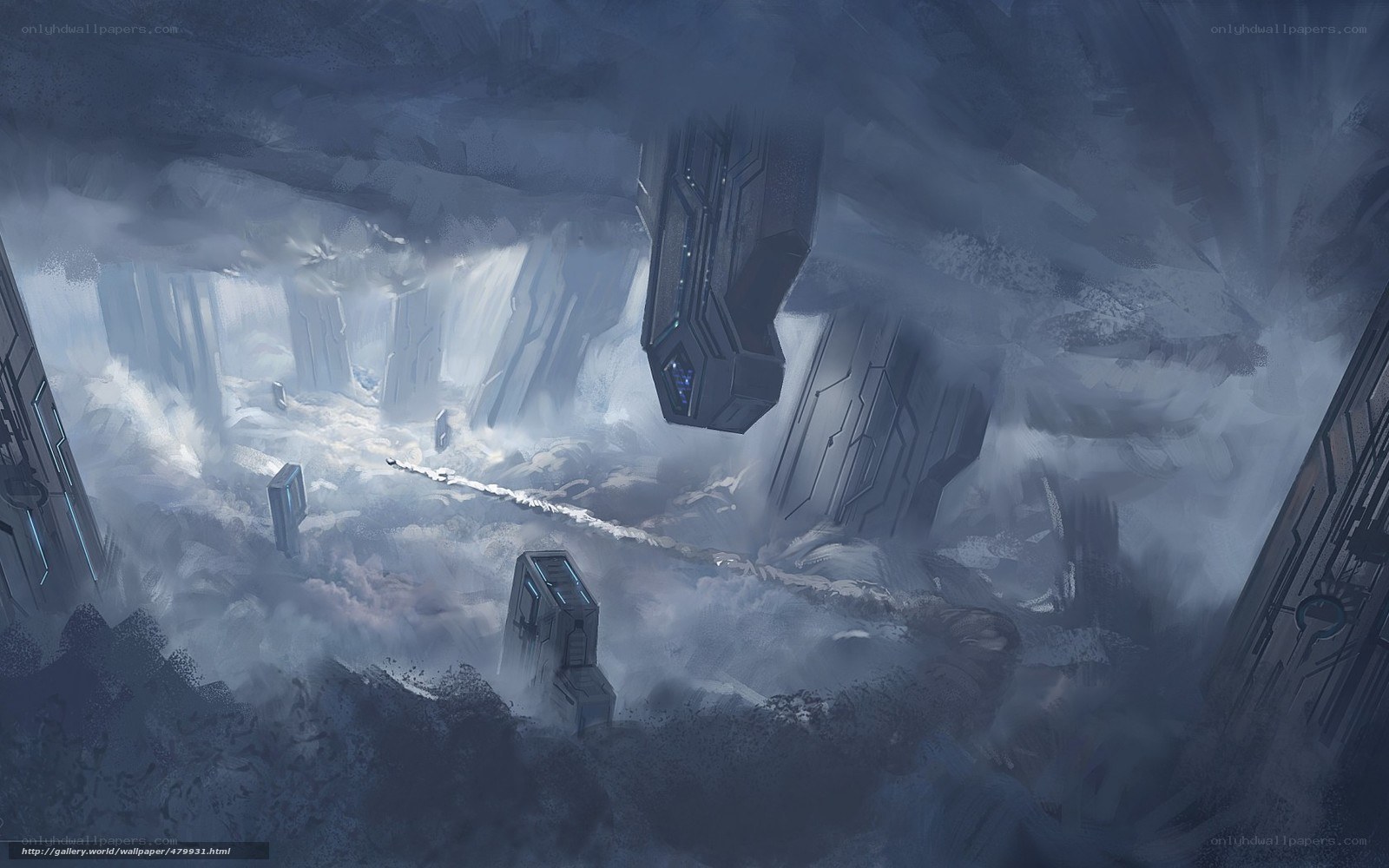futuristic ruins in mist