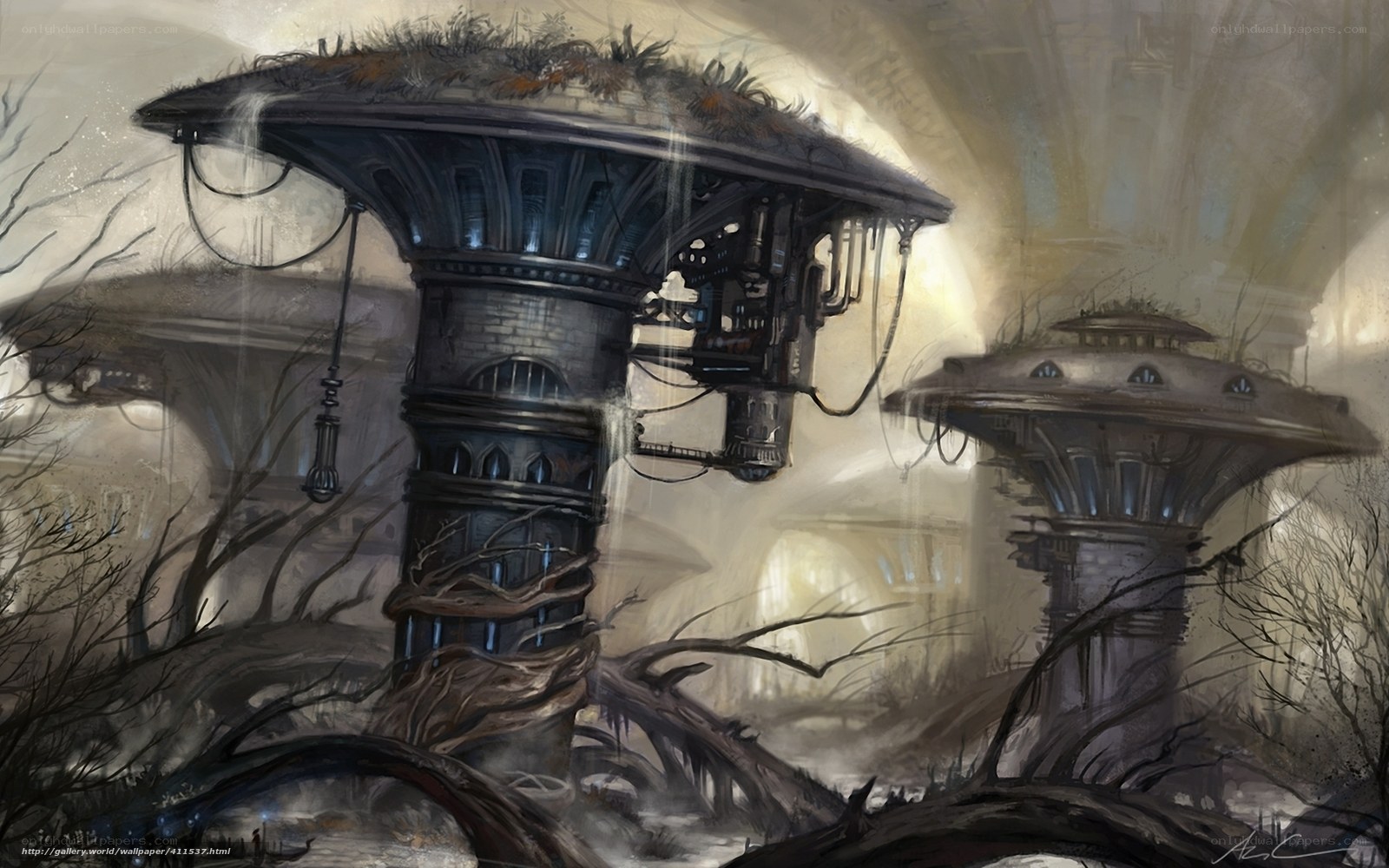 Futuristic ruins with overgrown towers