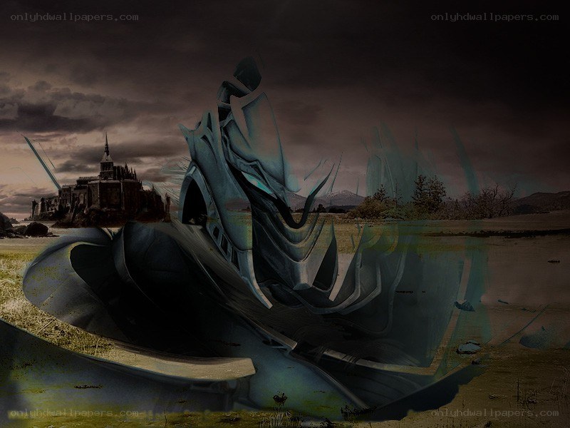Futuristic sculpture in a desolate landscape