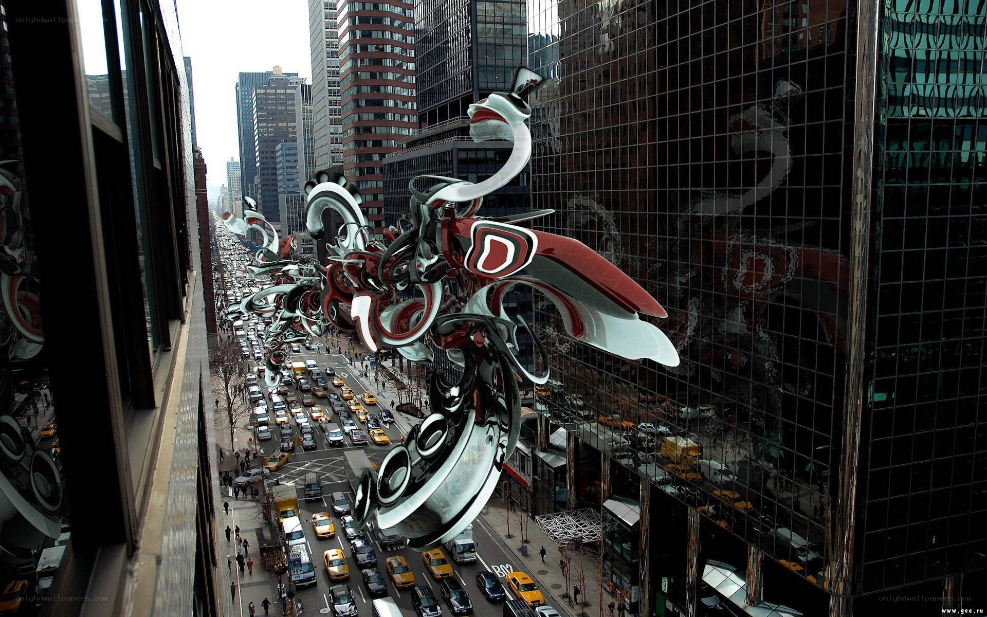 Futuristic sculpture in city