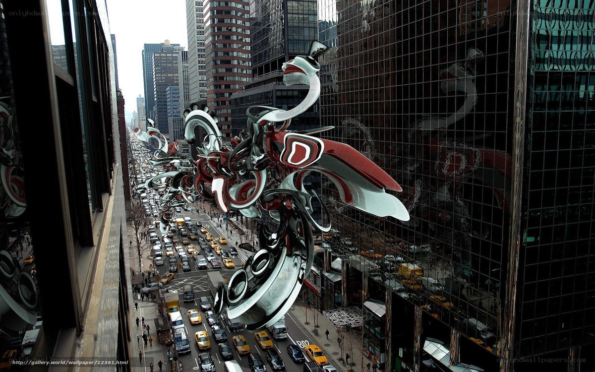Futuristic sculpture in city