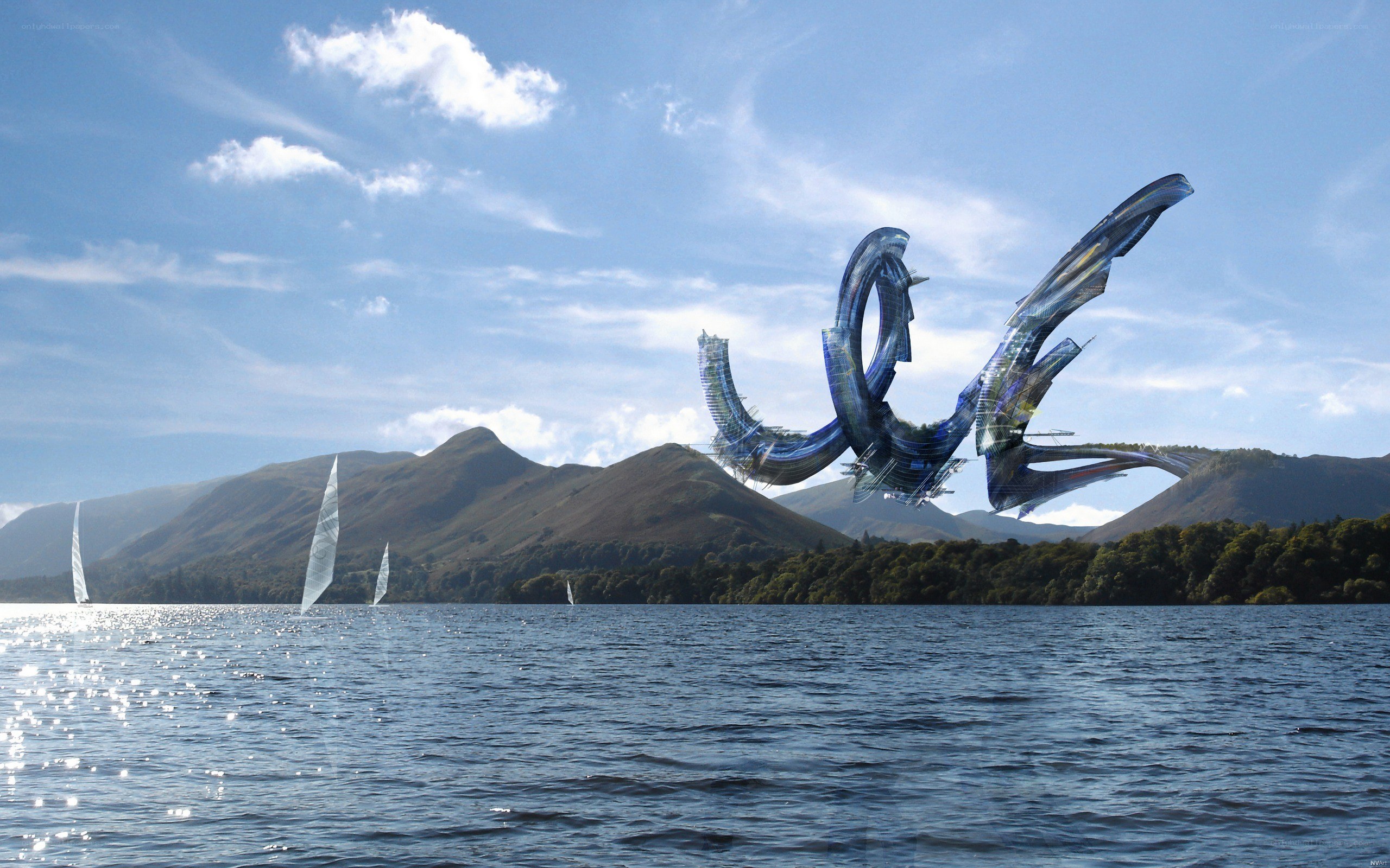Futuristic sculpture over a lake
