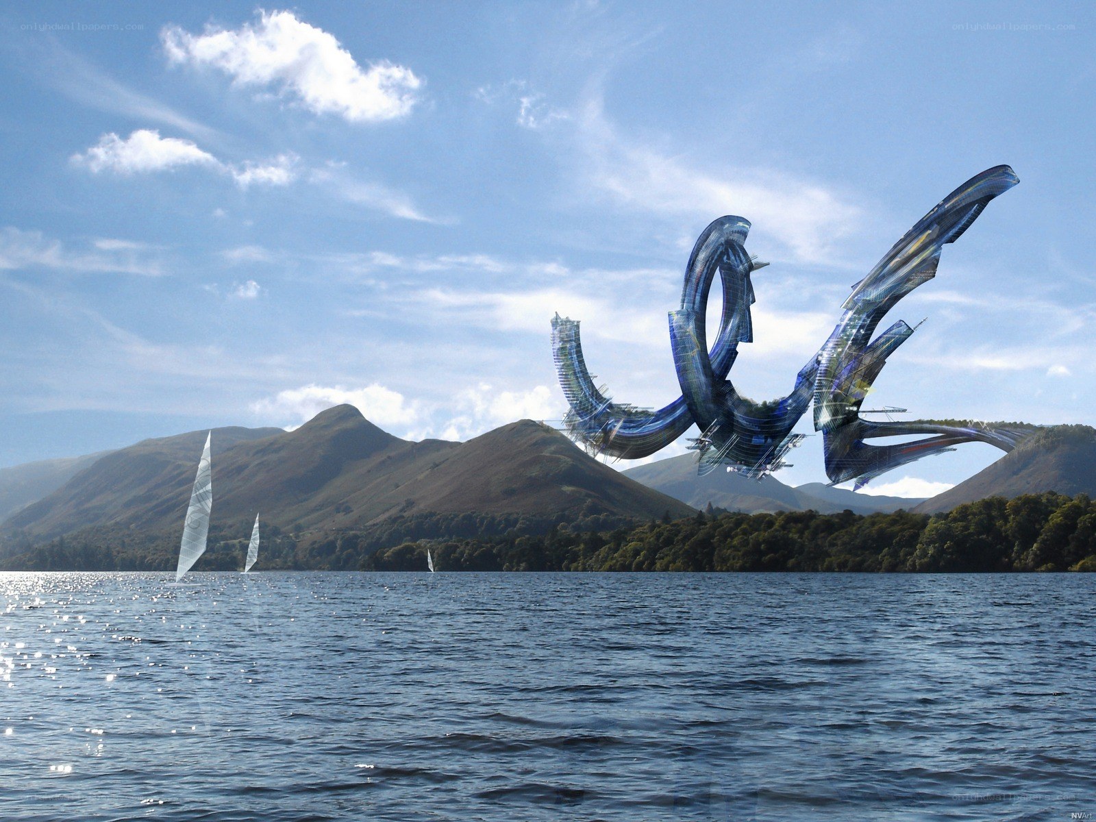 Futuristic sculpture over a lake