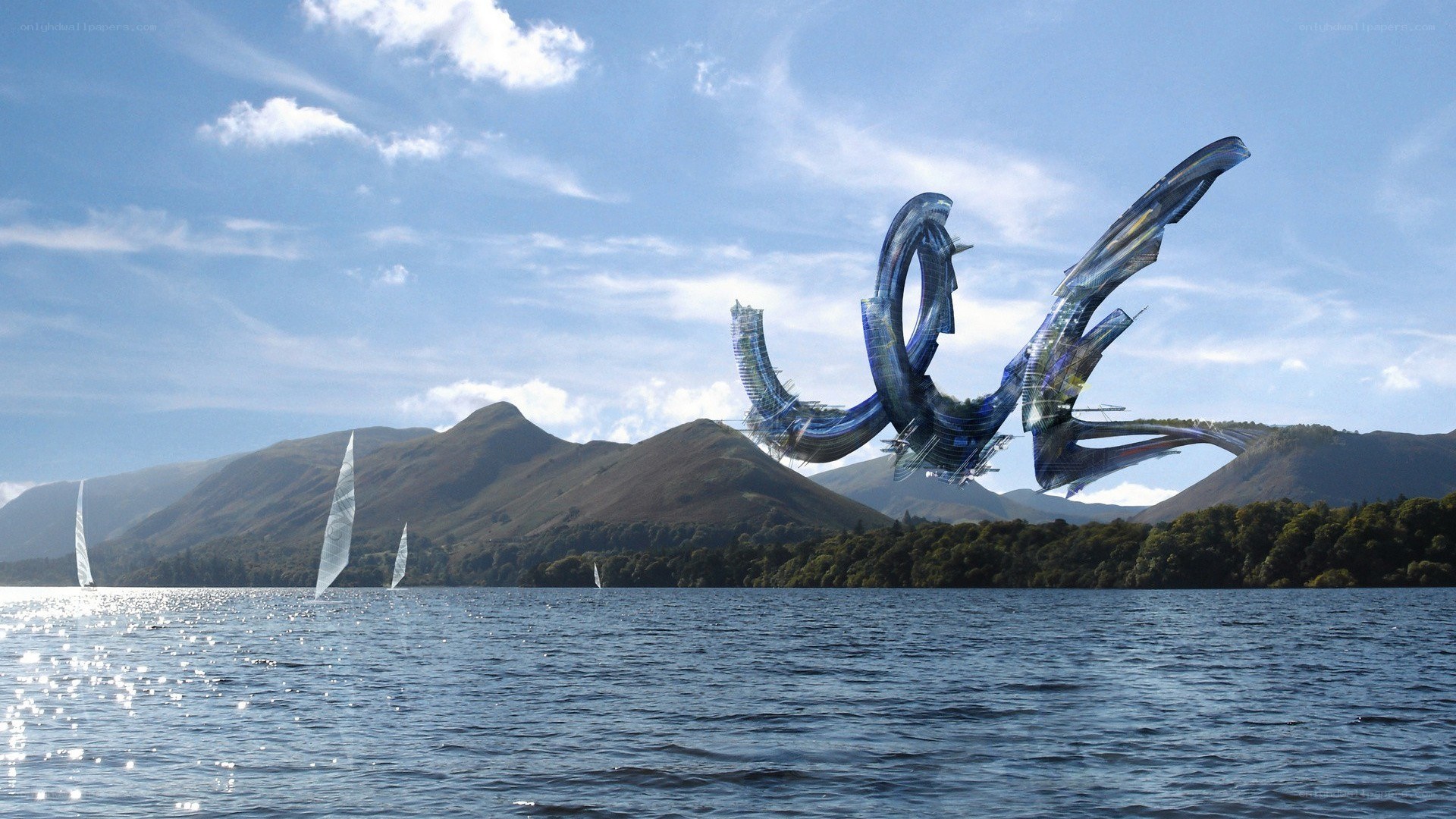 futuristic sculpture over lake