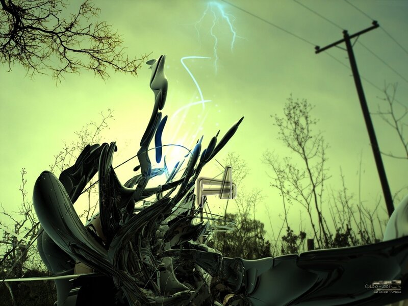 Futuristic sculpture under lightning storm