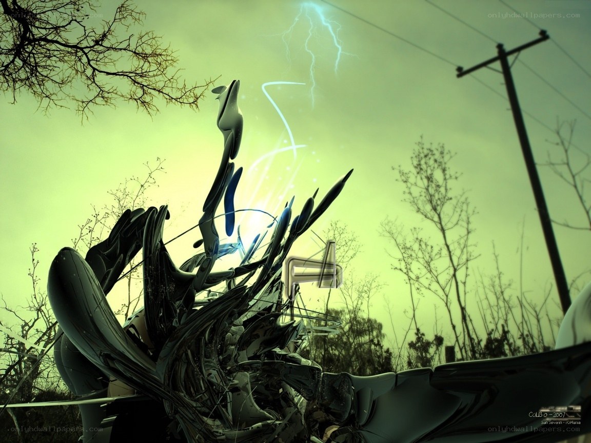 Futuristic sculpture under lightning storm