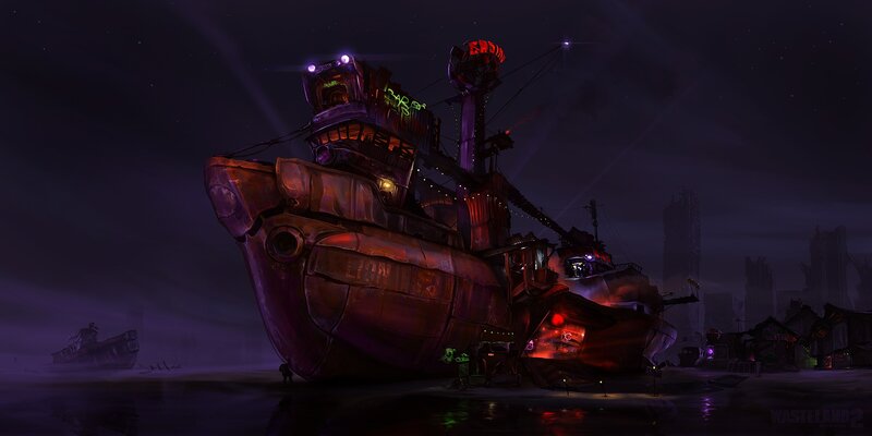 Futuristic ship in a dark port