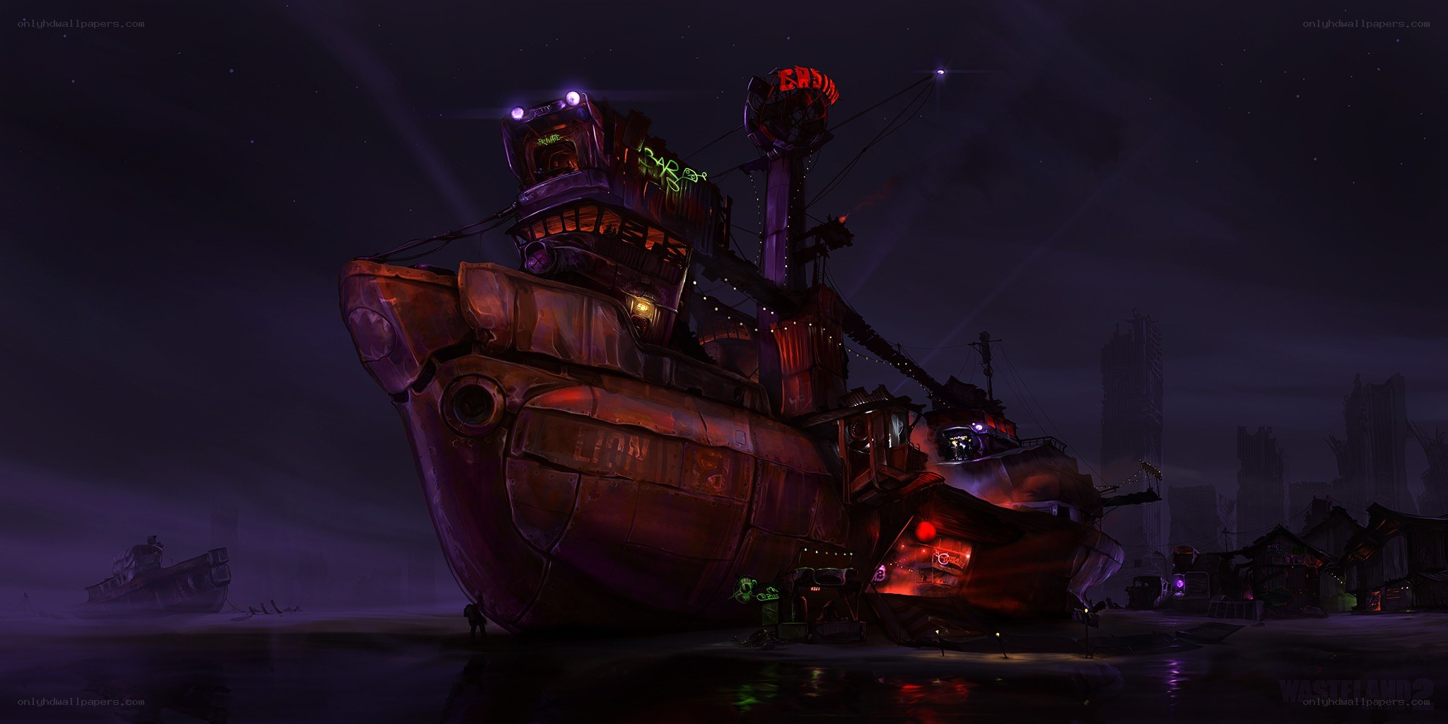 Futuristic ship in a dark port