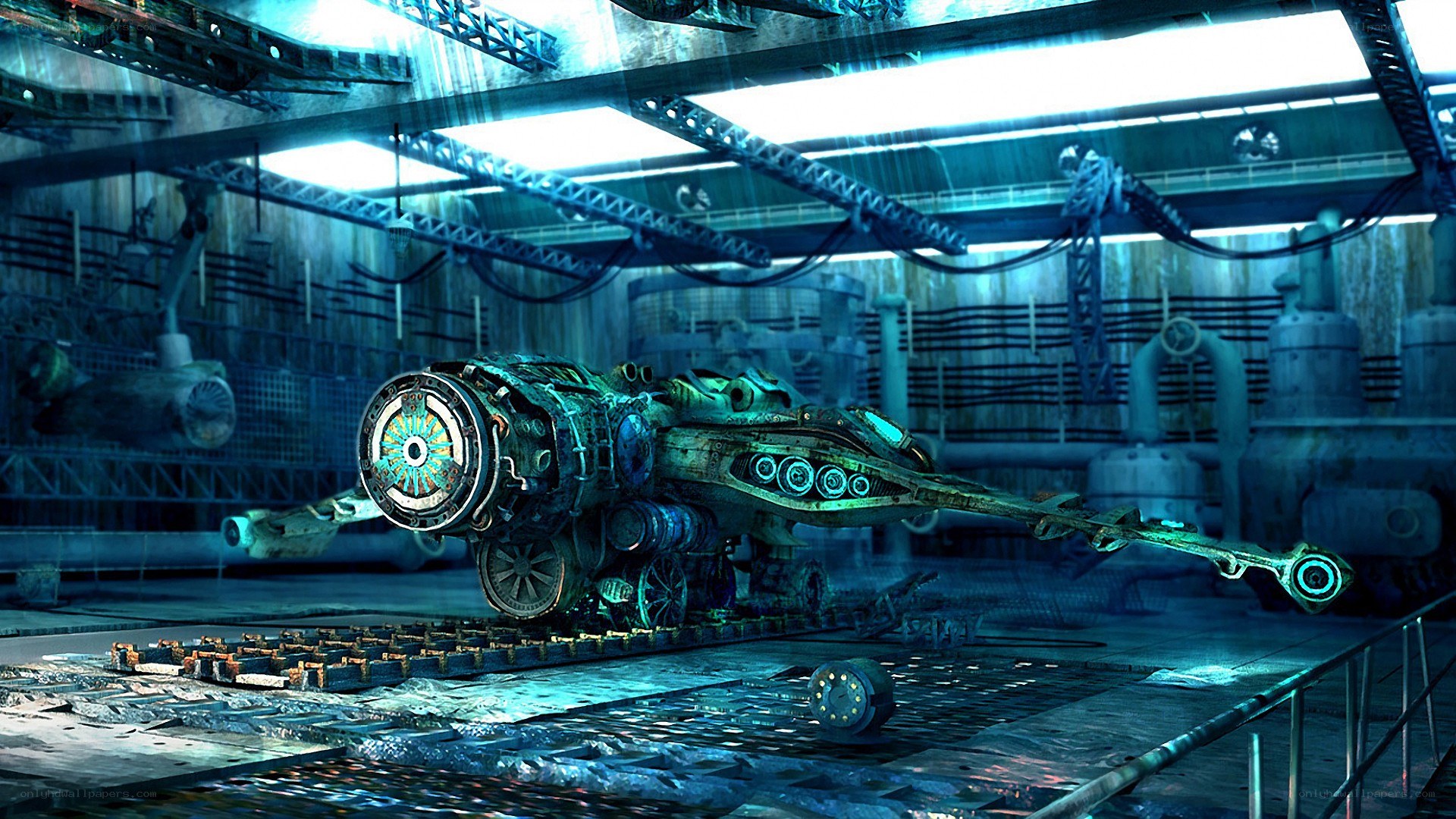 futuristic ship in a hangar