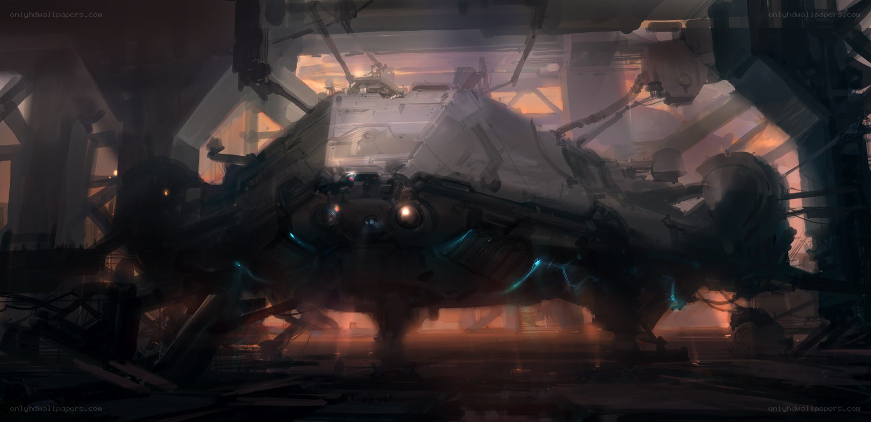 futuristic ship in a hangar