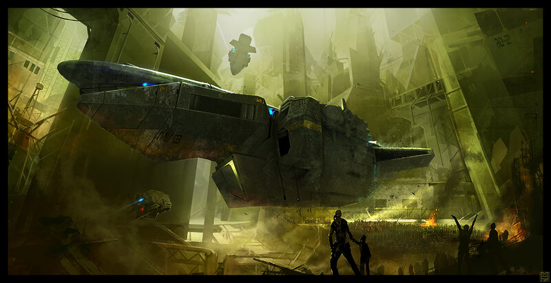 Futuristic ship in a ruined city