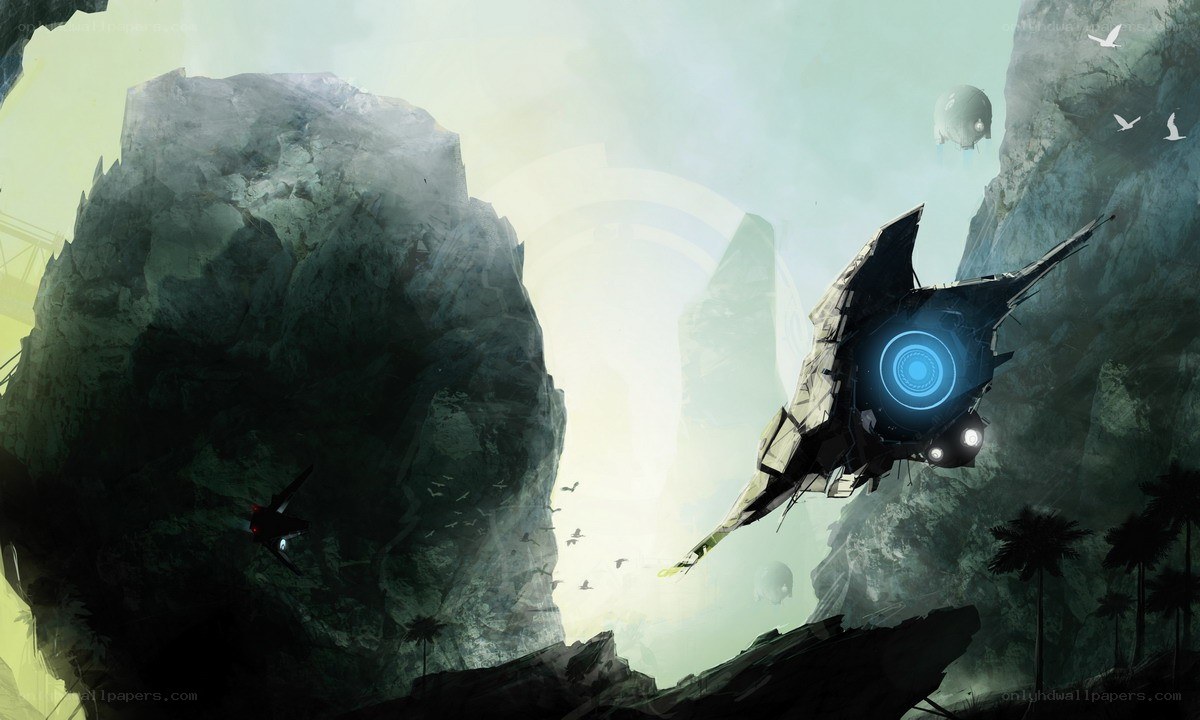 futuristic ship in canyon